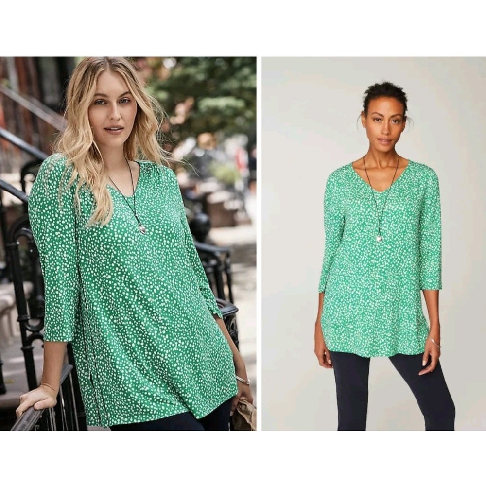 J.‎ Jill Wearever Green White Dot V-Neck 3/4 Sleeve Tunic Top Womens Medium